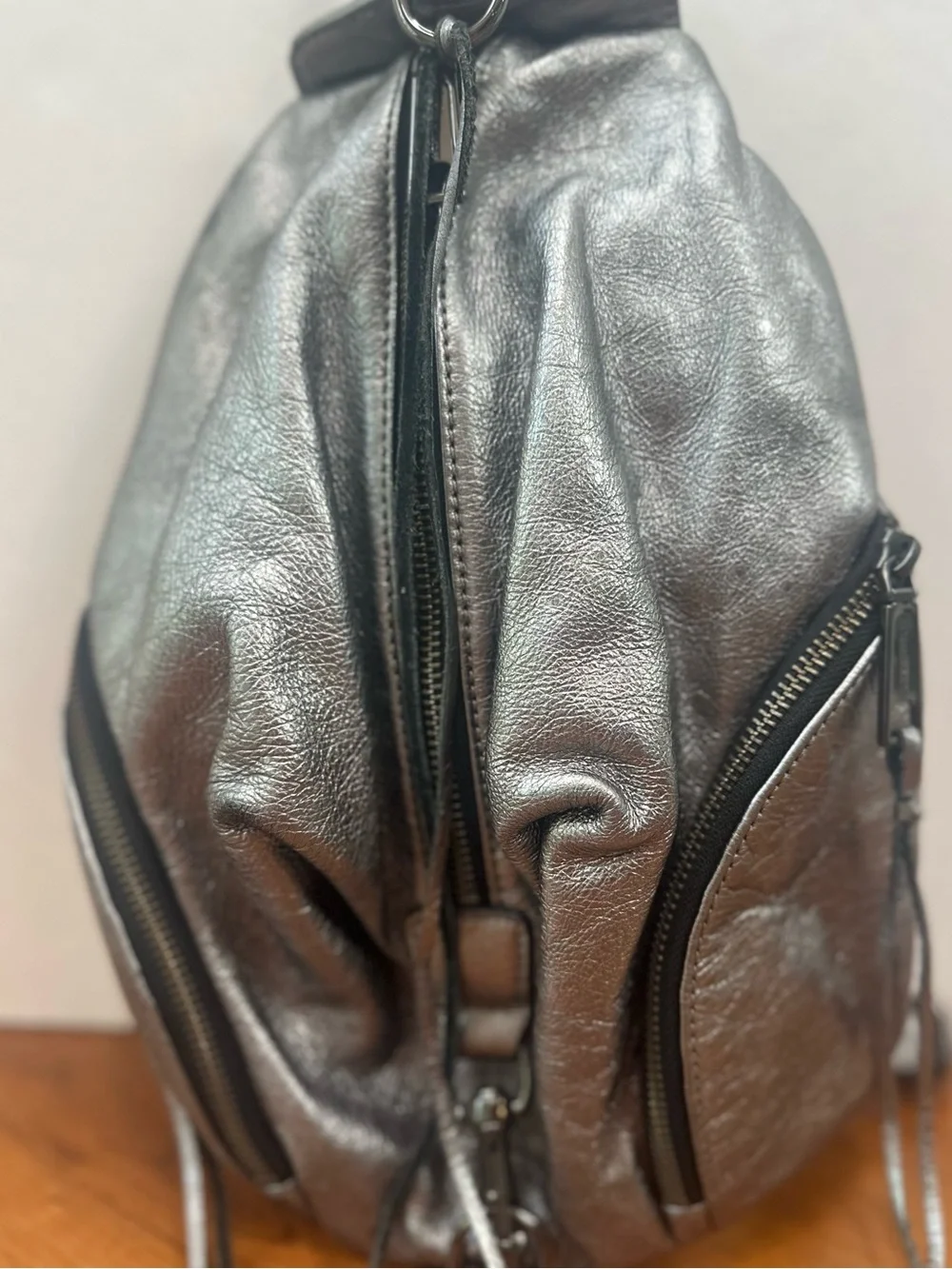 Rebecca Minkoff Mini Julian Silver Metallic Leather Backpack Sling Bag